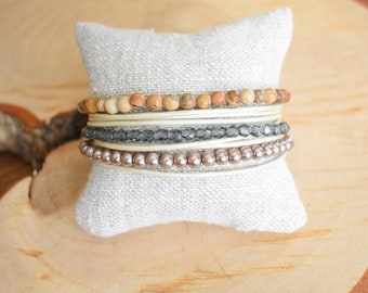 Beaded wrap bracelet with white leather for women. Jasper gemstone, grey crystal & glass pearl. Unique gift for her.