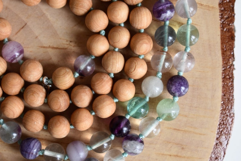 Mala necklace 108 Fluorite gemstone and Cedar wood knotted with turquoise /& purple tassel Meditation necklace for women.