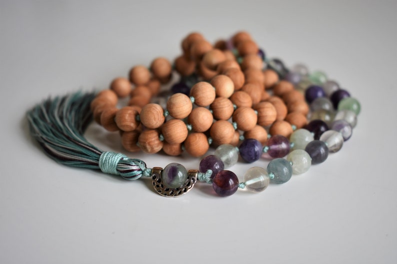 Mala necklace 108 Fluorite gemstone and Cedar wood knotted with turquoise /& purple tassel Meditation necklace for women.