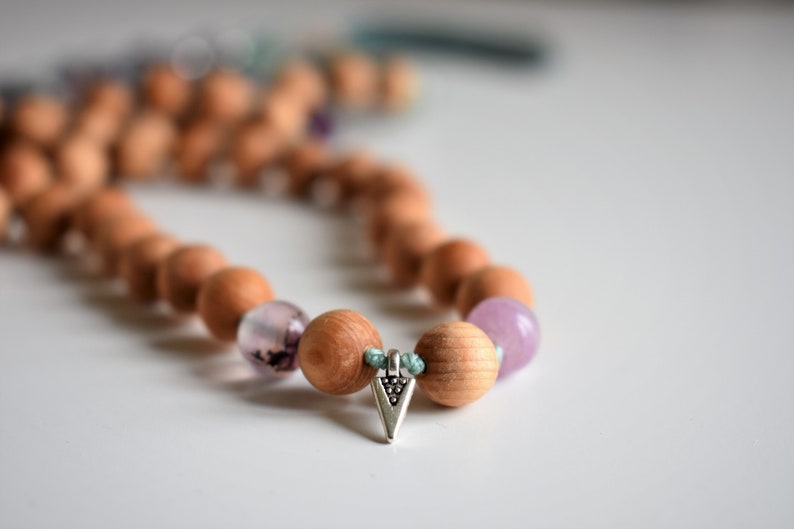Mala necklace 108 Fluorite gemstone and Cedar wood knotted with turquoise /& purple tassel Meditation necklace for women.