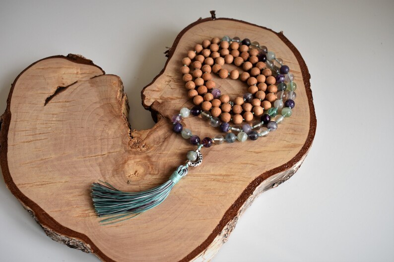 Mala necklace 108 Fluorite gemstone and Cedar wood knotted with turquoise /& purple tassel Meditation necklace for women.
