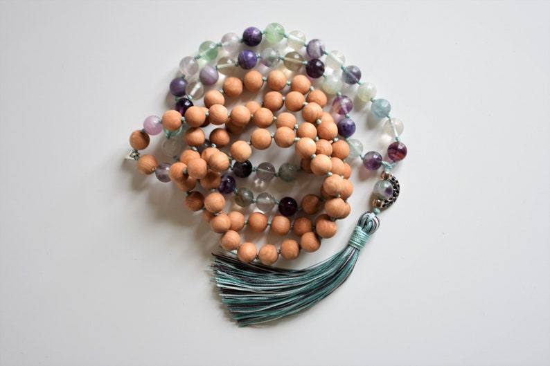 Mala necklace 108 Fluorite gemstone and Cedar wood knotted with turquoise /& purple tassel Meditation necklace for women.