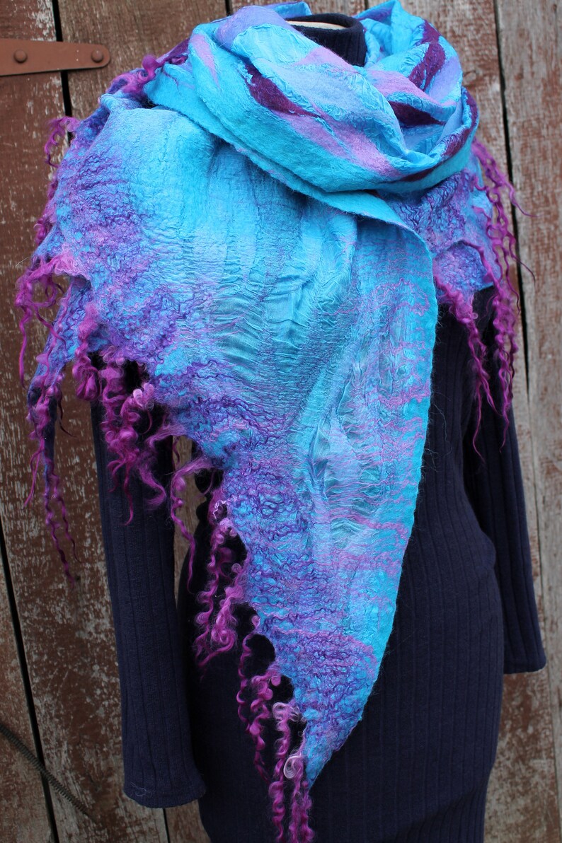 TURQUOISE felted merino wool shawl. bohemian felt scarf Etsy