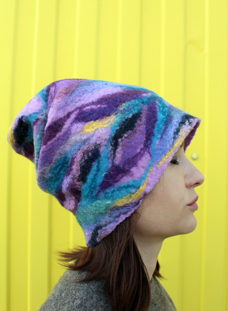 Felted hat BRIGHT COLORS handmade beanie BLUE felt. Wool Etsy