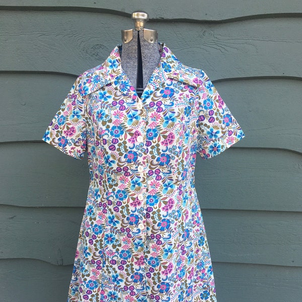 SALE 1960s Purple and Green Floral Shirtdress/ 1960s Floral House Dress/ Medium/ Vintage Dress