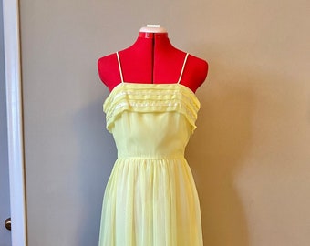 1970s Lemon Yellow Spaghetti Strap Maxi Dress/ 1970s Yellow Ribbon Sleeveless Formal Gown/