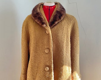 1960s Caramel Shaggy Overcoat with Mink Collar/ 1960s Real Mink Fur Collar Brown Fuzzy Winter Coat/ Extra Large/ Vintage Coat