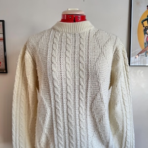 1980s Cream Cableknit Sweater/ 1980s Acrylic Cream Fisherman Sweater/ Large/ Vintage Sweater