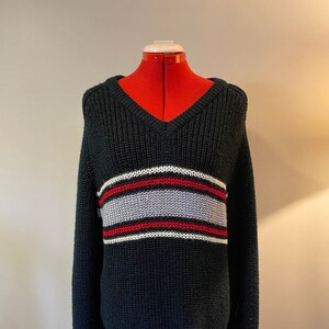 1980s Black V Neck Sweater/ 1980s Black Striped Acrylic Sweater/XXL/ Vintage Sweater
