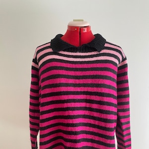 1980s Handknit Pink Collared Pullover Sweater/ 1980s Acrylic Pink and Black Striped Sweater/ Extra Large/ Vintage Sweater
