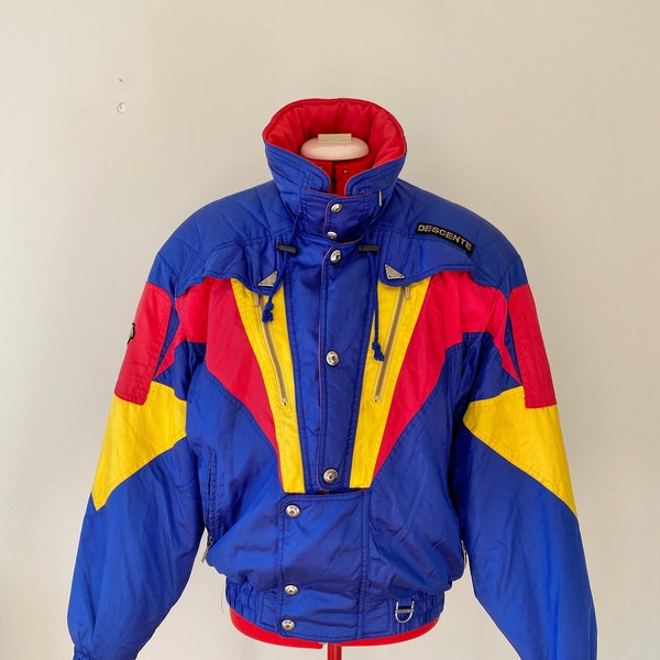 1980s Blue, Red and Yellow Ski Jacket/ 1980s Descente Sport Winter Jacket/ Medium/ Vintage Jacket