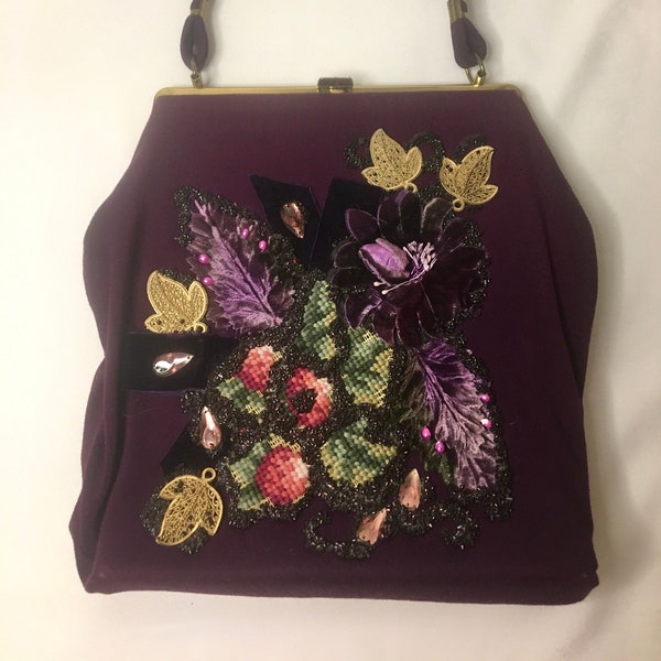 1950s Purple Hand Decorated Purse/ 1950s Caron of Houston Embellished Top Handle Bag/ Vintage Purse