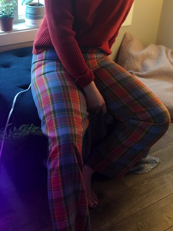 1970s pink and purple plaid pants/ 1970s plaid pol