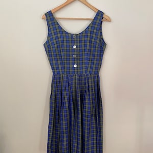 1950s Blue and Green Sleeveless Plaid Dress/ 1950s Fit and Flare Plaid Day Dress/ Extra Small/ Vintage Dress