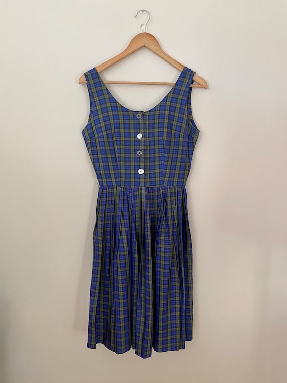 1950s Blue and Green Sleeveless Plaid Dress/ 1950… - image 1