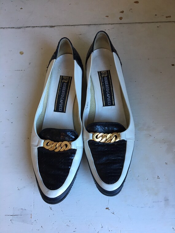 1980s black and white leather slip ons/ 1980s Ital
