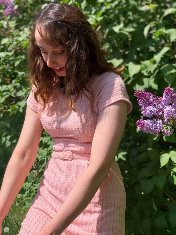 1980s pink zig zag dress/ 1980s short sleeve dress