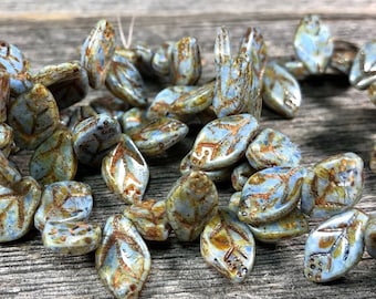Czech glass leaves Light Blue Bluestone opaque 12X8mm