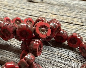 7mm coral red flowers with brown picasso finish Czech glass - 12 beads