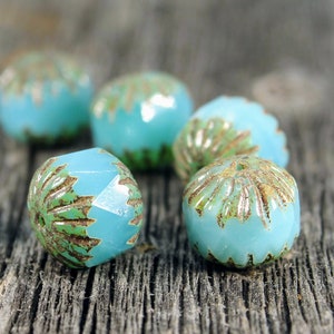 Picasso ethereal aqua blue opaline faceted round Czech glass beads 11X10mm