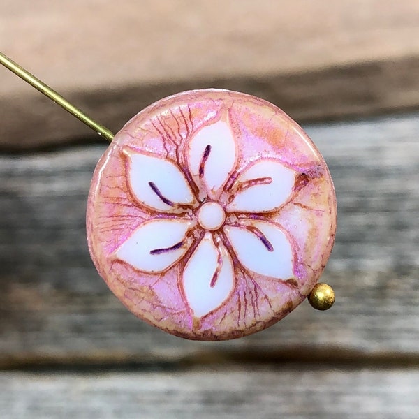 Flower coin Czech glass table cut bead - White with pink brown rustic finish 18mm