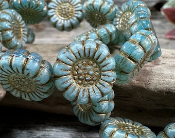 Sunflower beads Czech Glass Light Blue Opaline 13mm with dark bronze wash