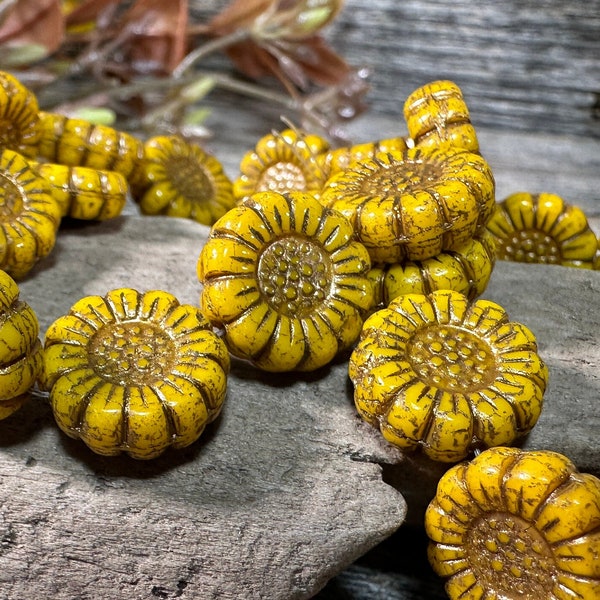 Sunflower beads Czech Glass Yellow 13mm with dark bronze wash