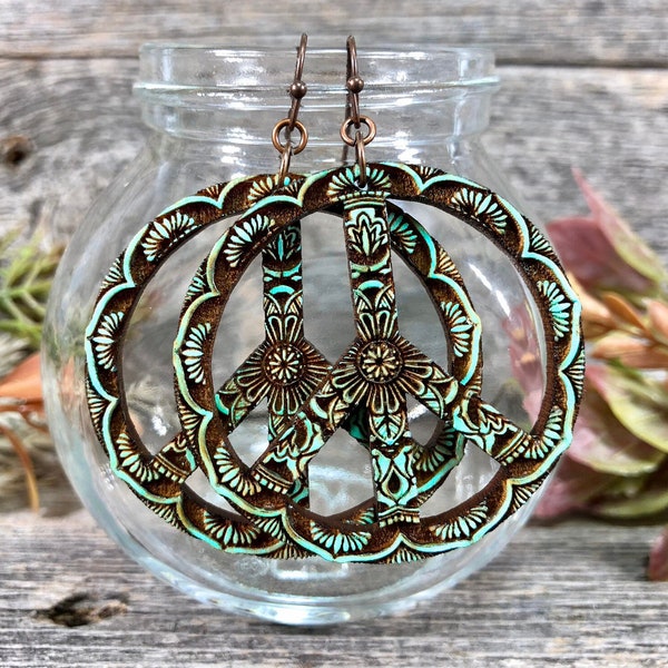 Large peace sign earrings hand painted engraved mandala - lightweight eco friendly boho earring design - hypoallergenic wooden earrings