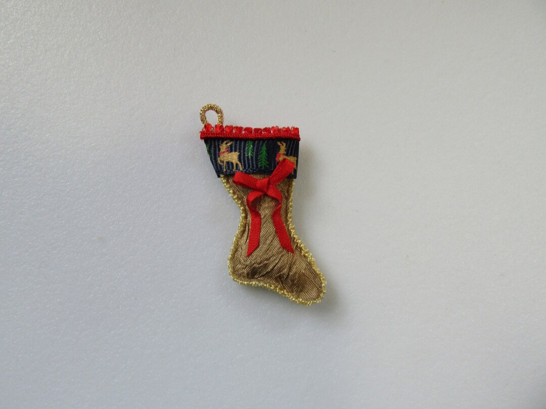Miniature Antique Gold Stocking With Reindeer Trim Red Bow 112 Scale