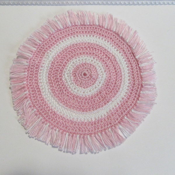 Miniature  Handmade Crochet Rug- Pink/,White Rug,  Dollhouse  Rug