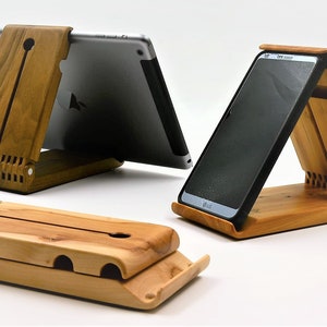 smartphone and tablet stand, ideal for skyping, top for online consultation, precious gift, handmade from solid wood image 1