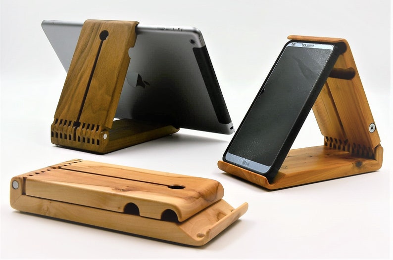 smartphone and tablet stand, ideal for skyping, top for online consultation, precious gift, handmade from solid wood image 1