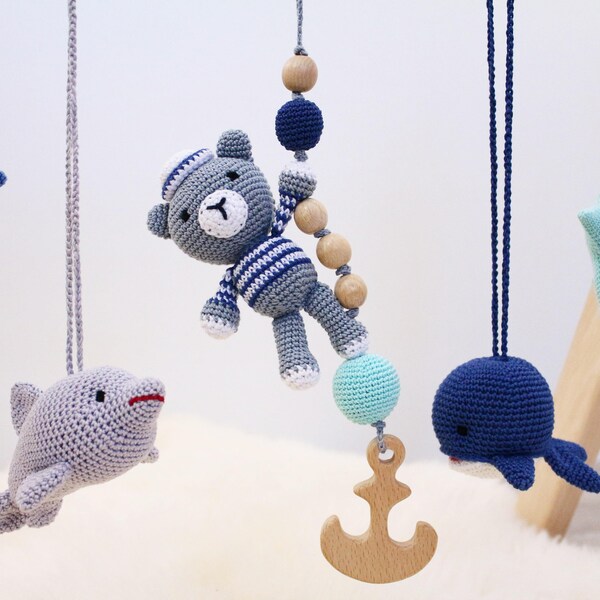 Bear the sailor baby gym toy. crochet baby rattle with wooden teether. Grey, navy, mint.