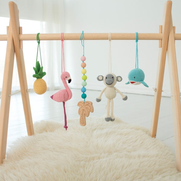 Tropical Baby play gym - Flamingo, Pineapple, Monkey, Whale, Wooden palm tree with rainbow beads, Solid wood gym frame.