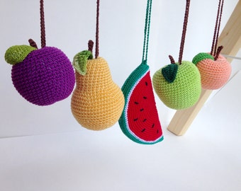 Baby gym toys Fruits - hanging play gym toys, crochet rattles, activity center mobiles. Montessori. Gender neutral gift
