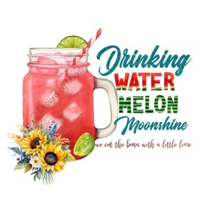May include: A mason jar filled with a red liquid, topped with a lime wedge and a red and white striped straw. The jar has a handle and is surrounded by sunflowers and other flowers. The text "Drinking Watermelon Moonshine we cut the burn with a little lime" is written in a whimsical font.
