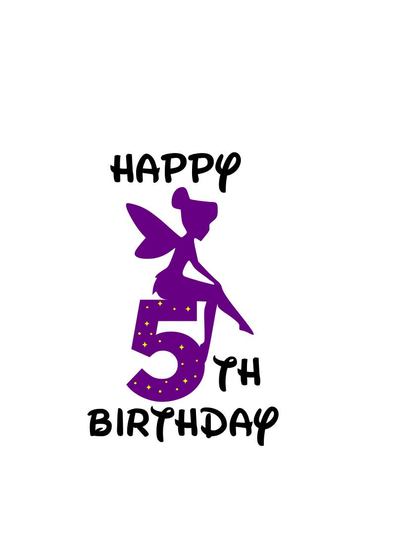 May include: Purple fairy silhouette sitting on a purple number 5 with gold glitter. The text "Happy 5th Birthday" is written below the number.