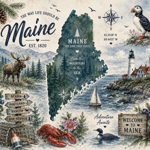 May include: A watercolor-style map of Maine featuring a moose, a puffin, a lighthouse, a sailboat, a lobster, and a loon. Text includes The Way Life Should Be Maine Est. 1820, The Pine Tree State, From the Mountains to the Sea, Adventure Awaits, and Welcome to Maine.