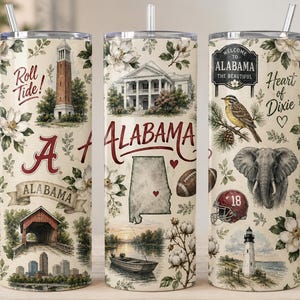 Alabama State Tumbler Wrap PNG | 20oz Skinny Tumbler Sublimation Design | Alabama Seamless Wrap | Magnolia State Tumbler Design