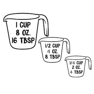 Puede incluir: Tres tazas medidoras con marcas negras que muestran las medidas en tazas, onzas y cucharadas. La taza más grande es de 1 taza, 8 onzas y 16 cucharadas. La taza del medio es de 1/2 taza, 4 onzas y 8 cucharadas. La taza más pequeña es de 1/4 taza, 2 onzas y 4 cucharadas.