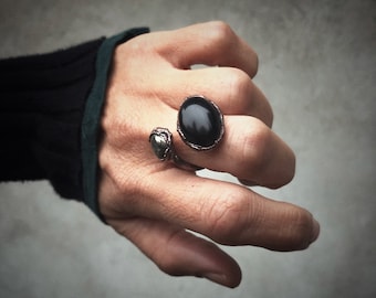 Anello aperto regolabile con pietra di ONICE nero e pirite