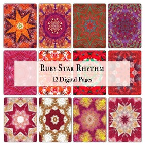 May include: A collection of 12 digital pages titled Ruby Star Rhythm, featuring rectangular designs with intricate, symmetrical, kaleidoscopic patterns in vibrant shades of red, orange, yellow, purple, and white, arranged in a grid layout.