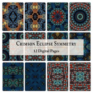 Puede incluir: Una colección de 12 páginas digitales titulada Crimson Eclipse Symmetry, que presenta intrincados patrones geométricos repetitivos en tonos azul profundo, rojo vibrante, verde azulado y dorado, dispuestos en una cuadrícula de diseños.