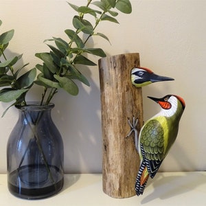 Woodpecker on Log - Hand Carved & Painted