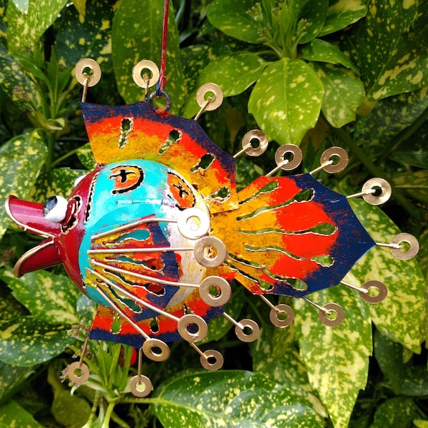 Tropical Fire Fish Tea light Candle Holder - Recycled Metal Lantern