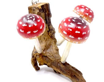 Wall Hanging Woodland Mushrooms on Log - Hand Carved & Painted