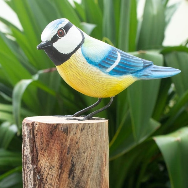 Wooden Bluetit on Log - Hand Carved & Painted