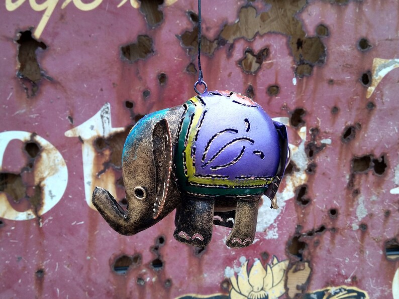 Purple Elephant Tea Light Candle Holder Incense Burner Recycled Metal Lantern