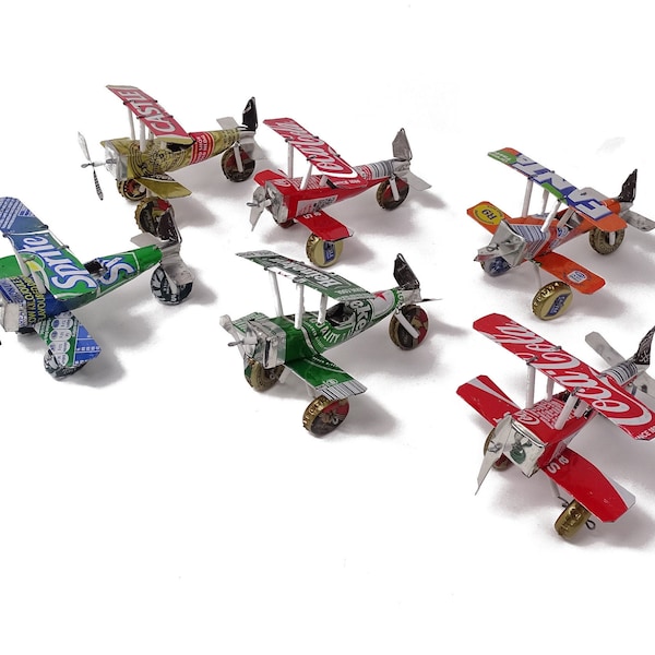 Recycled Mini Bi-Plane Tin Can Model