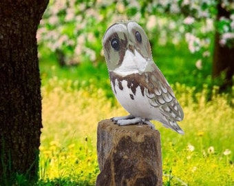 Wooden Barn Owl on Log - Hand Carved & Painted